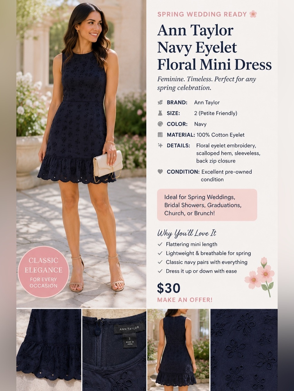 Ann Taylor Women’s Size 2 Navy Eyelet Floral Mini Spring Wedding Guest Dress